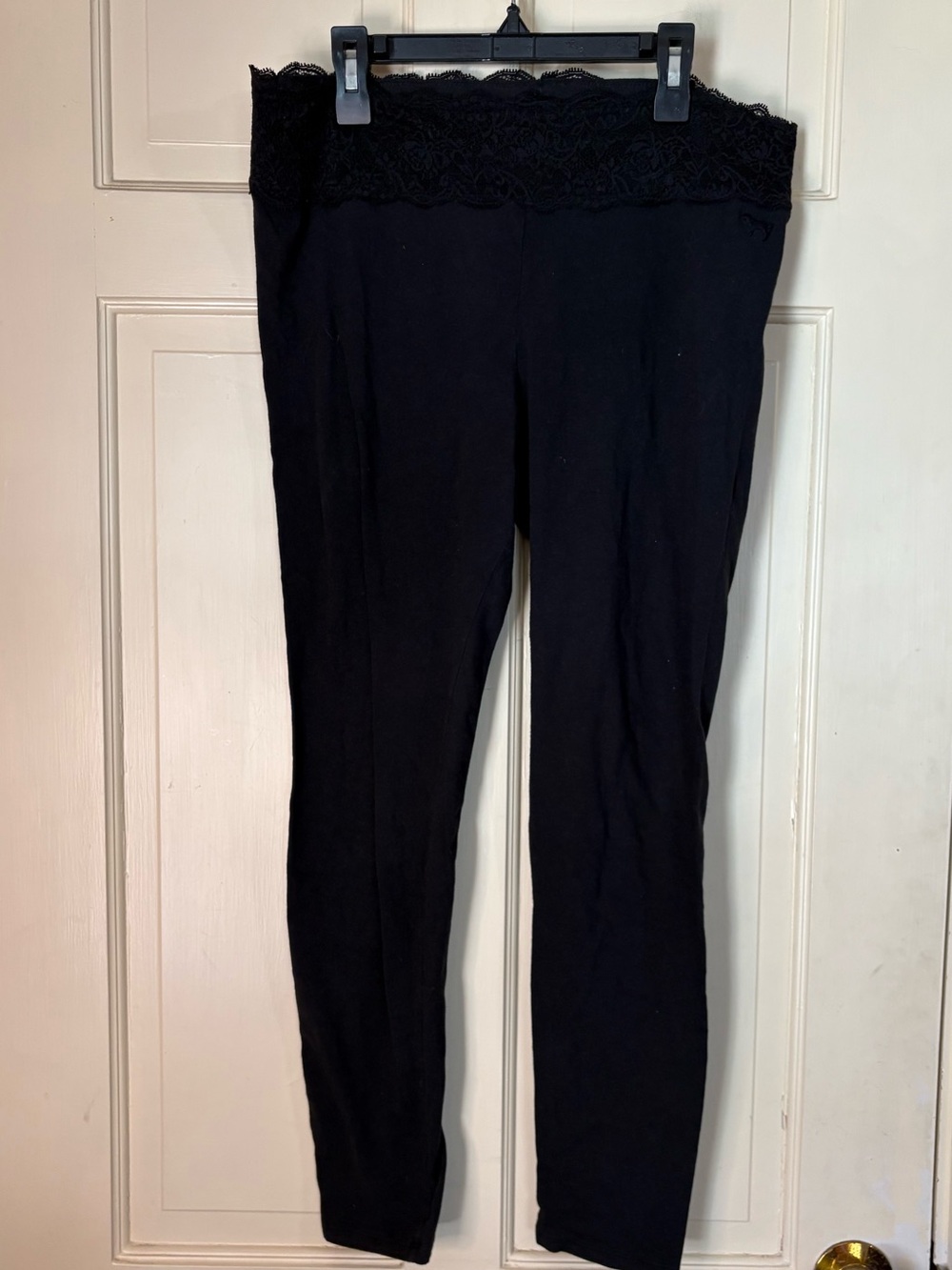 Pink Victoria’s Secret Black Lace Trim Waist Band Leggings High Waist Large